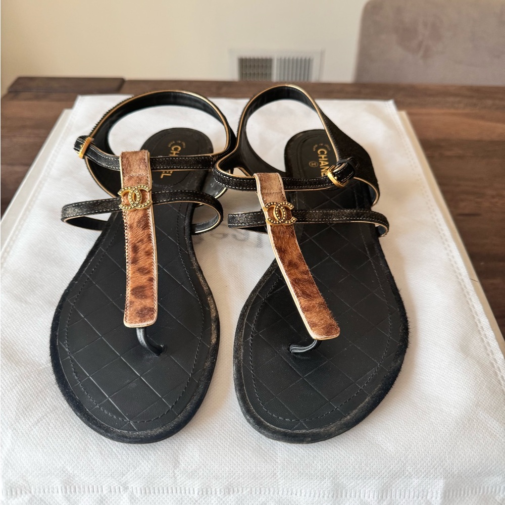 Chanel Interlocking CC Logo Ponyhair T-Strap Sandals